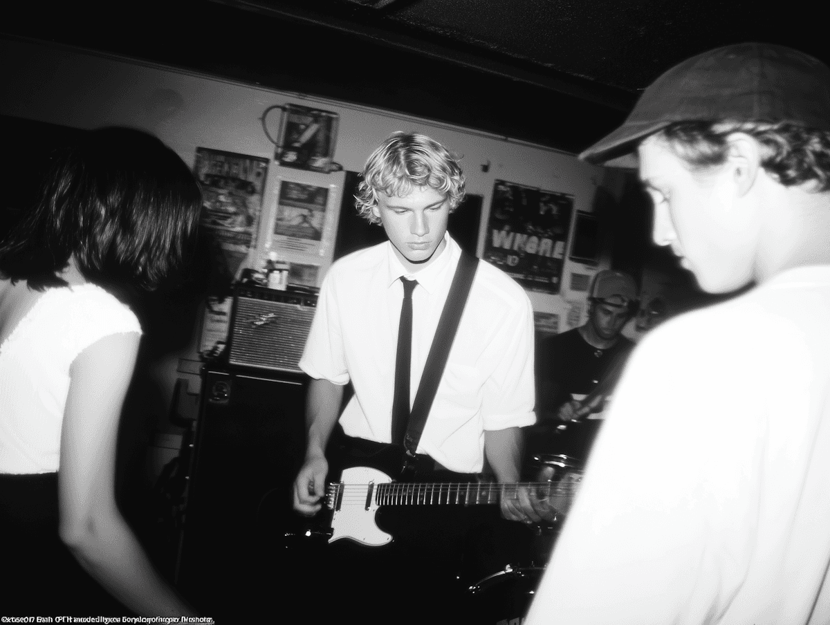 Black-and-white photo of a guitarist playing in a small venue, surrounded by the crowd.