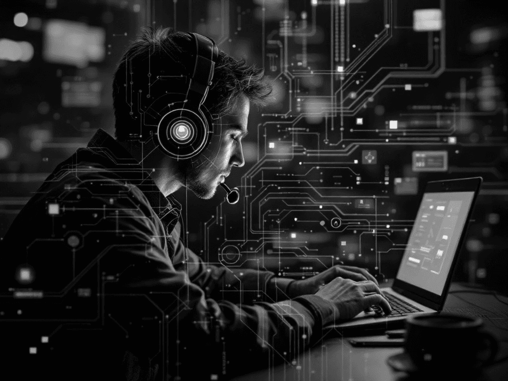 A person wearing a headset is working on a laptop. The background is a circuit board.