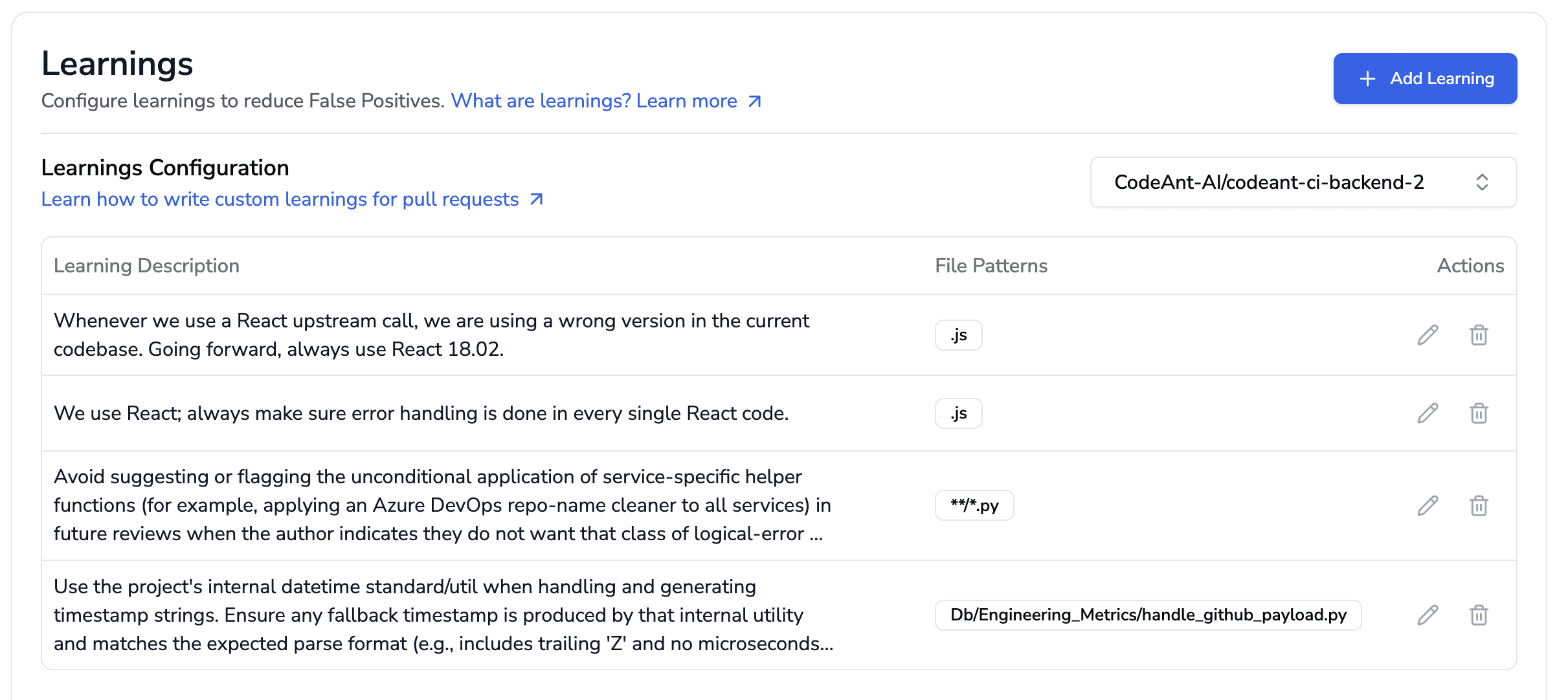 CodeAnt AI provides option to configureAI learning across multiple repositories, including repo selection, learning description, and file pattern setup.”