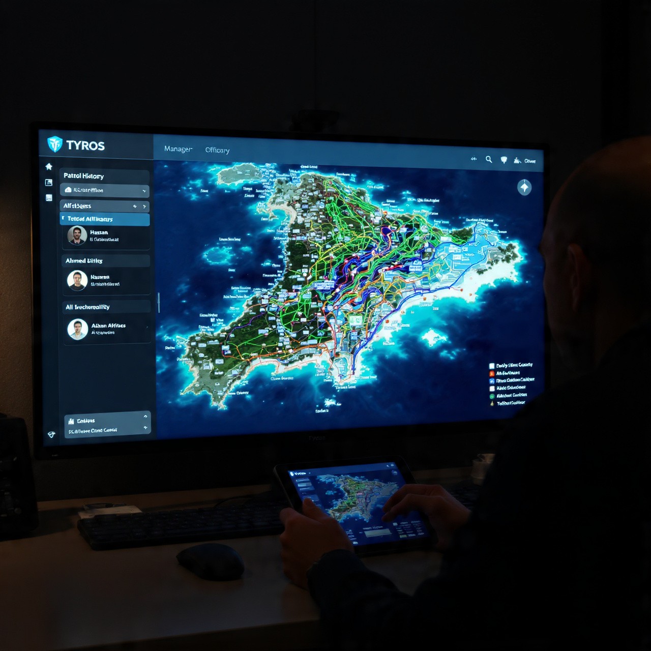 Man using Tyros® mobile app to monitor security officer path tracking during patrol