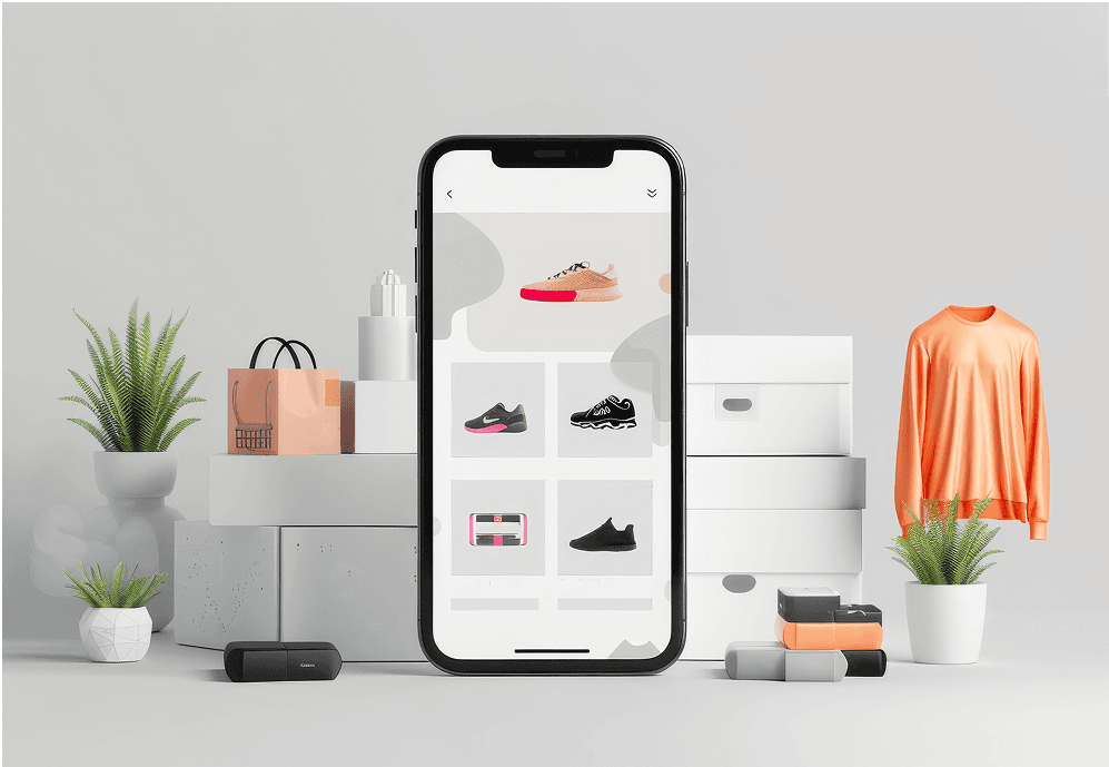 A smartphone displaying various sneaker options is centered amid a minimalist setup featuring potted plants, storage boxes, a bright orange sweatshirt, a handbag, and a fitness tracker, all against a sleek gray background.