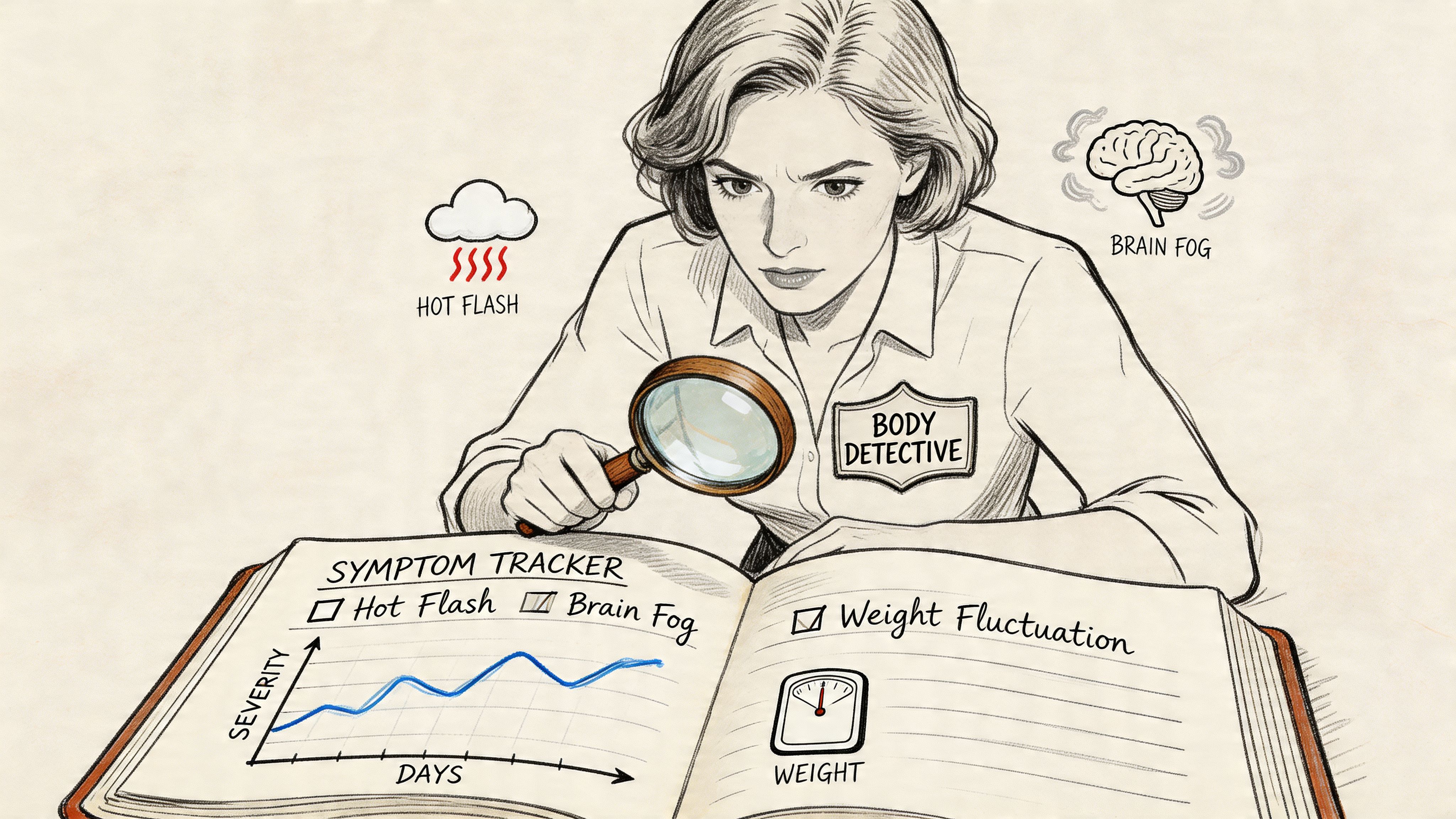 A woman acting as a body detective examining a symptom tracker book covering perimenopause symptoms.