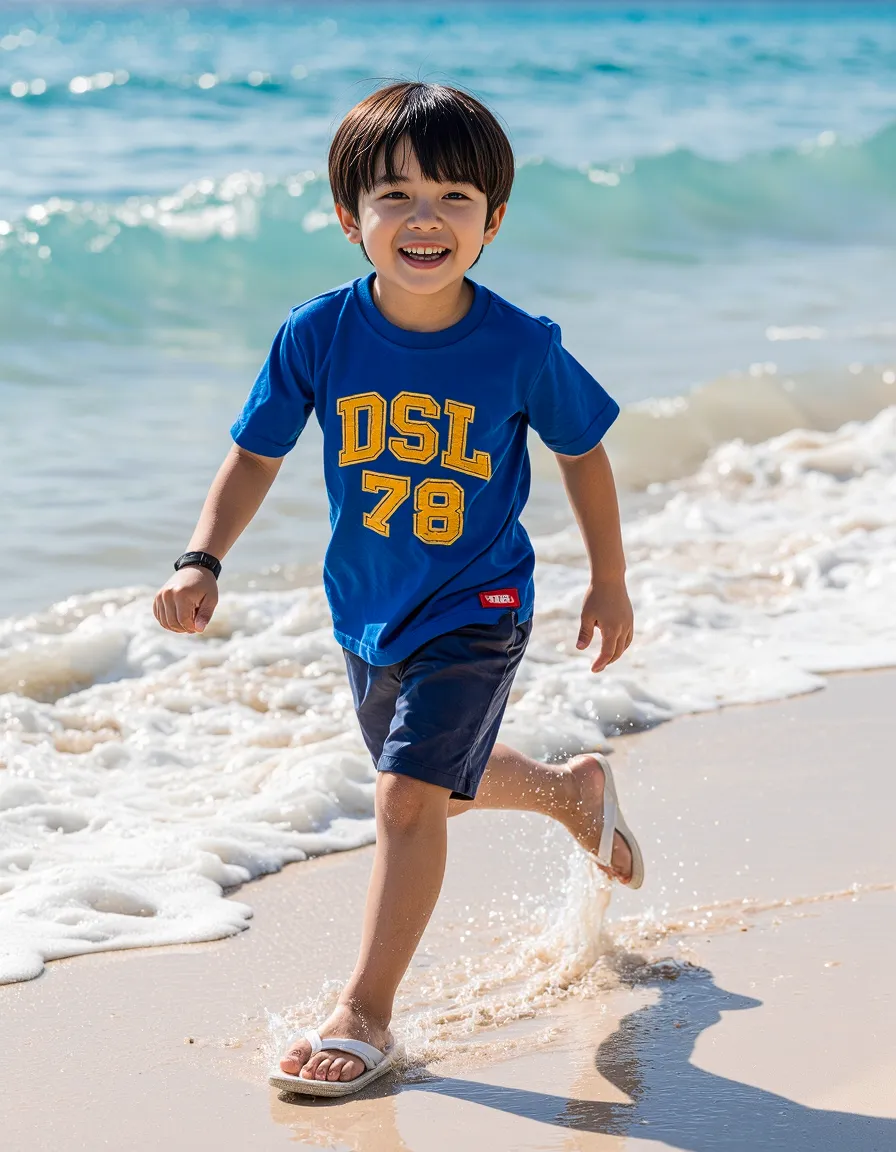 Child in blue "DSL 78" t-shirt running joyfully along shoreline where gentle turquoise waves meet sandy beach on sunny day
