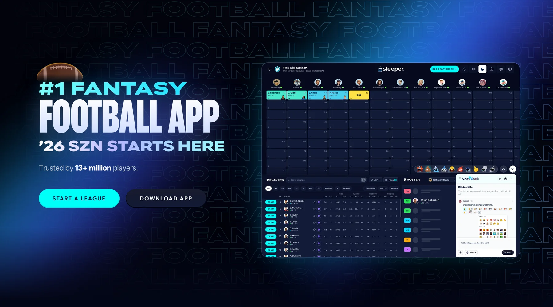 The redesigned hero: #1 Fantasy Football App, with the new draftboard and web app beside the headline