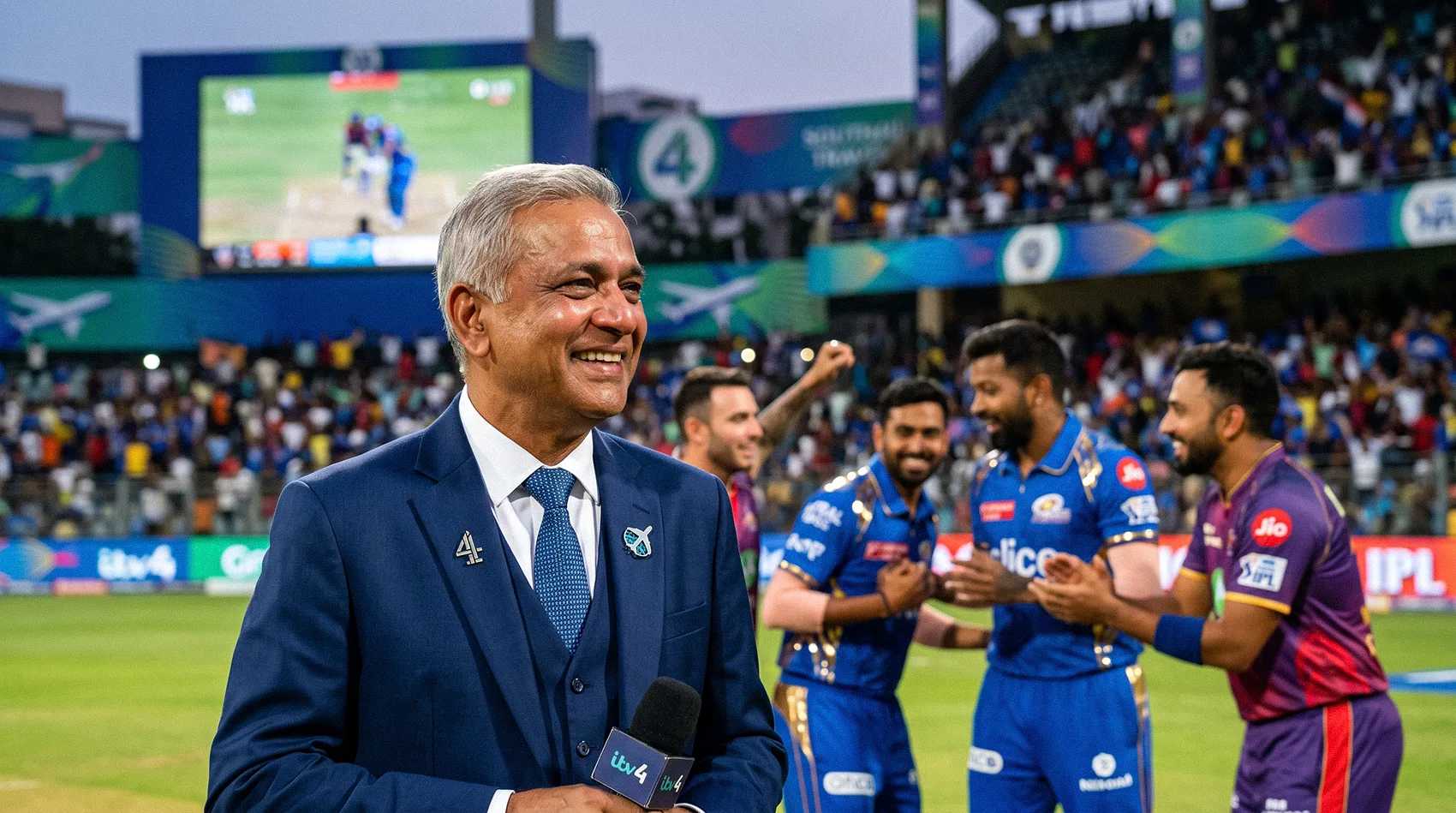 ITV4 cricket presenter with mic on IPL pitch smiling with Mumbai Indians players shaking hands in stadium with crowd