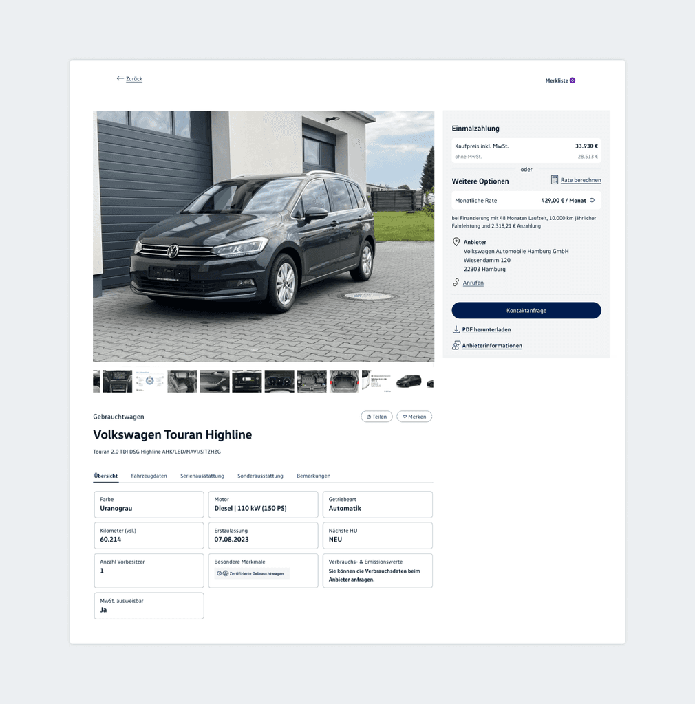 Detailseite eines Fahrzeugangebots Angebots, hier "VW Touran Highline" mit grossem Fahrzeugbild, technischen Daten, Preis und Kontaktoptionen.
