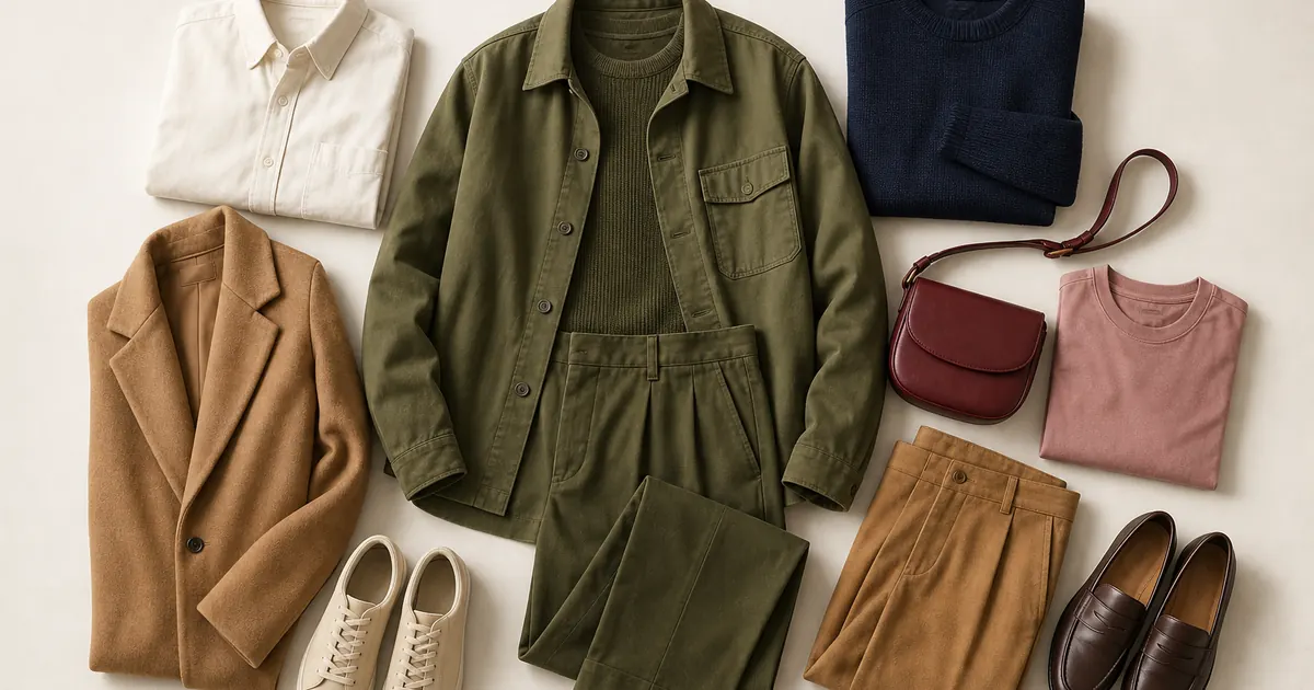 Olive green wardrobe pieces paired with cream, camel, navy, burgundy, and dusty pink