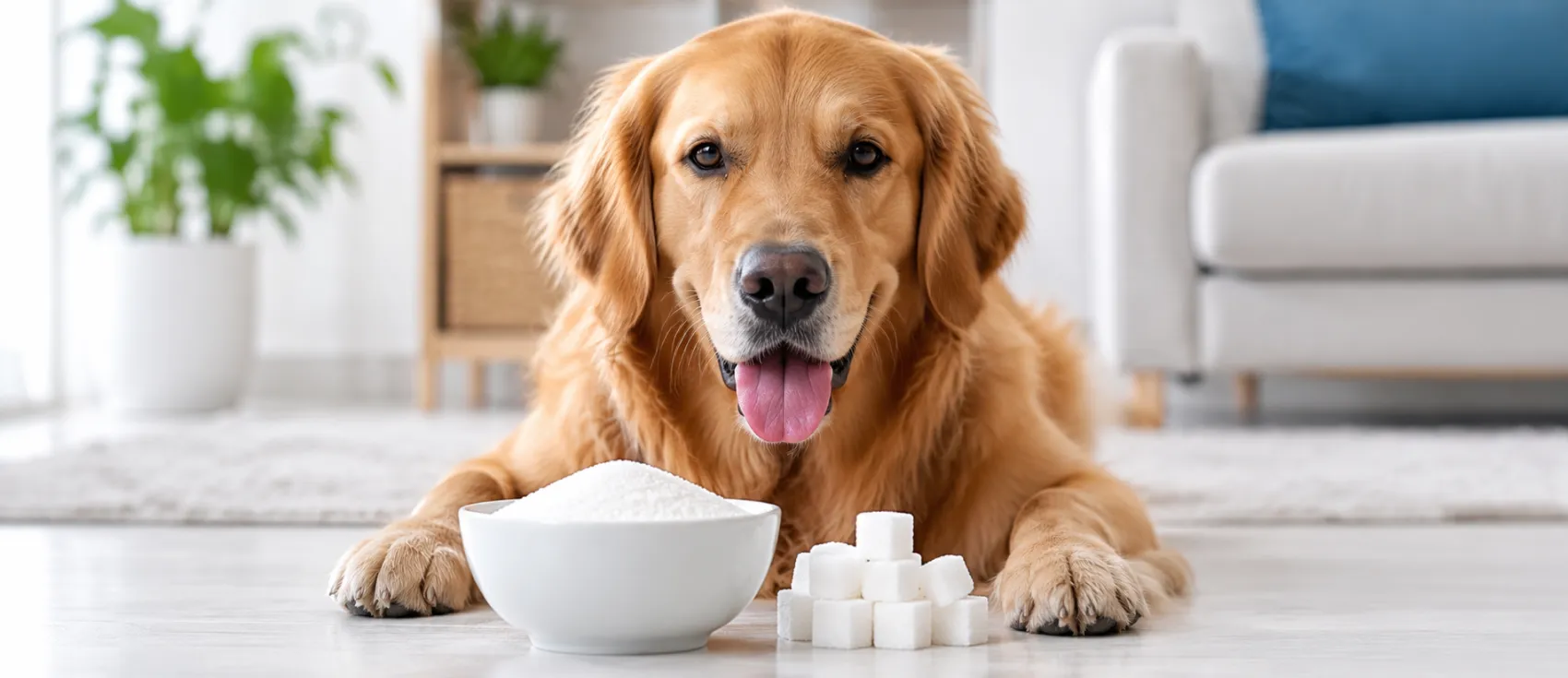 A Golden Retriever lies beside a bowl of rice and stacked sugar cubes.