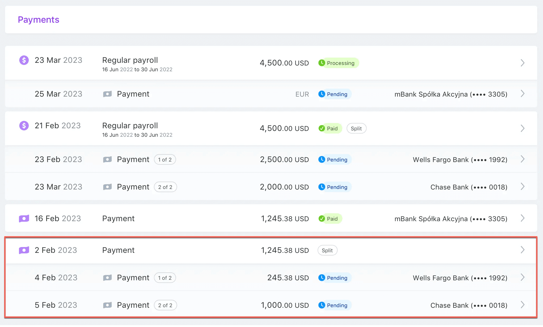 A screenshot showing a worker’s view of his Payments page, with a sample split payment called out in red.