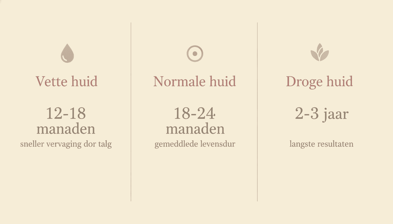 Infographic met drie kolommen die vette, normale en droge huid vergelijken op ba