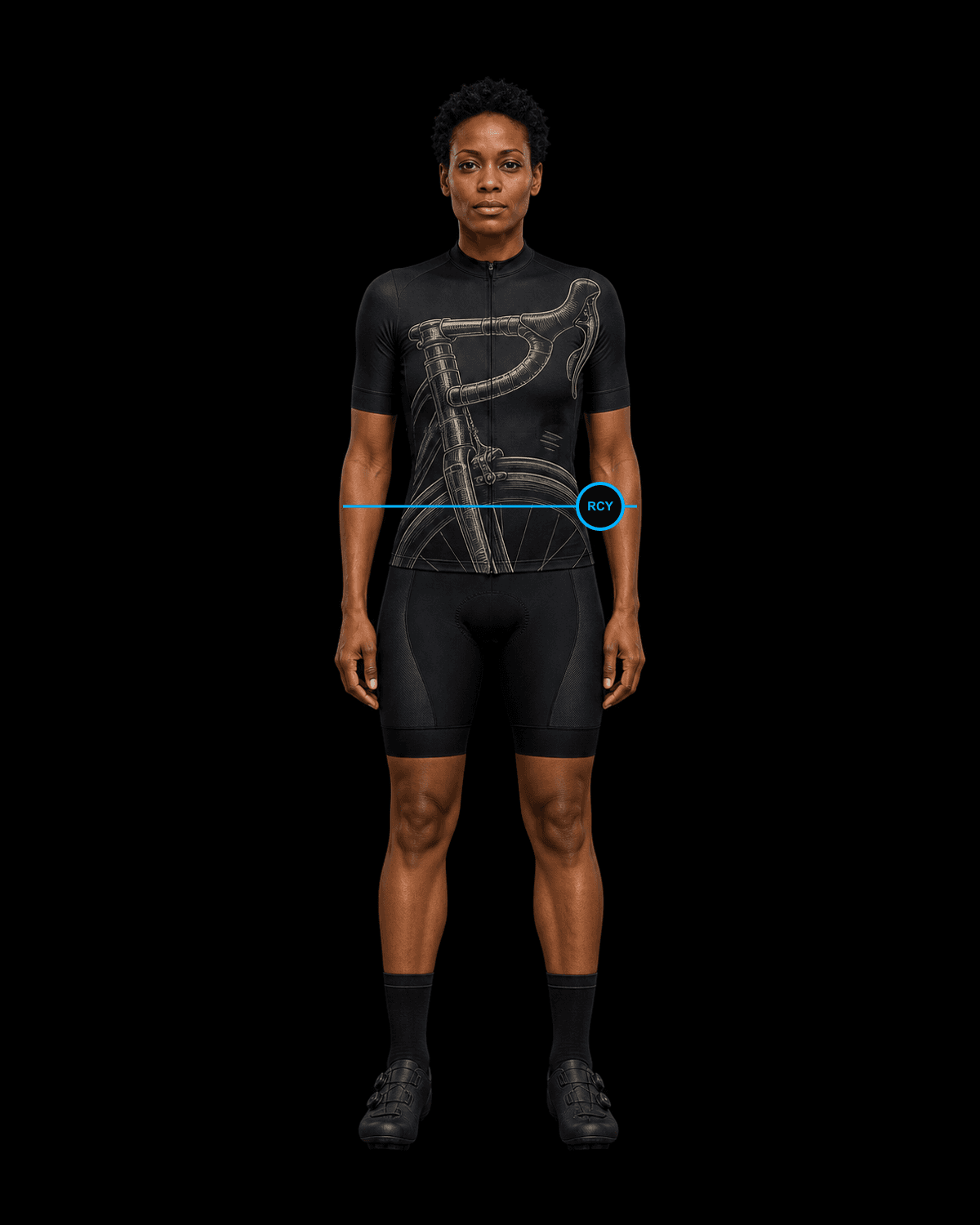 Front view of a female road cyclist wearing the black Valkyrie Formation road-cycling kit concept with an engraved integrated drop handlebar, fork and road wheel.