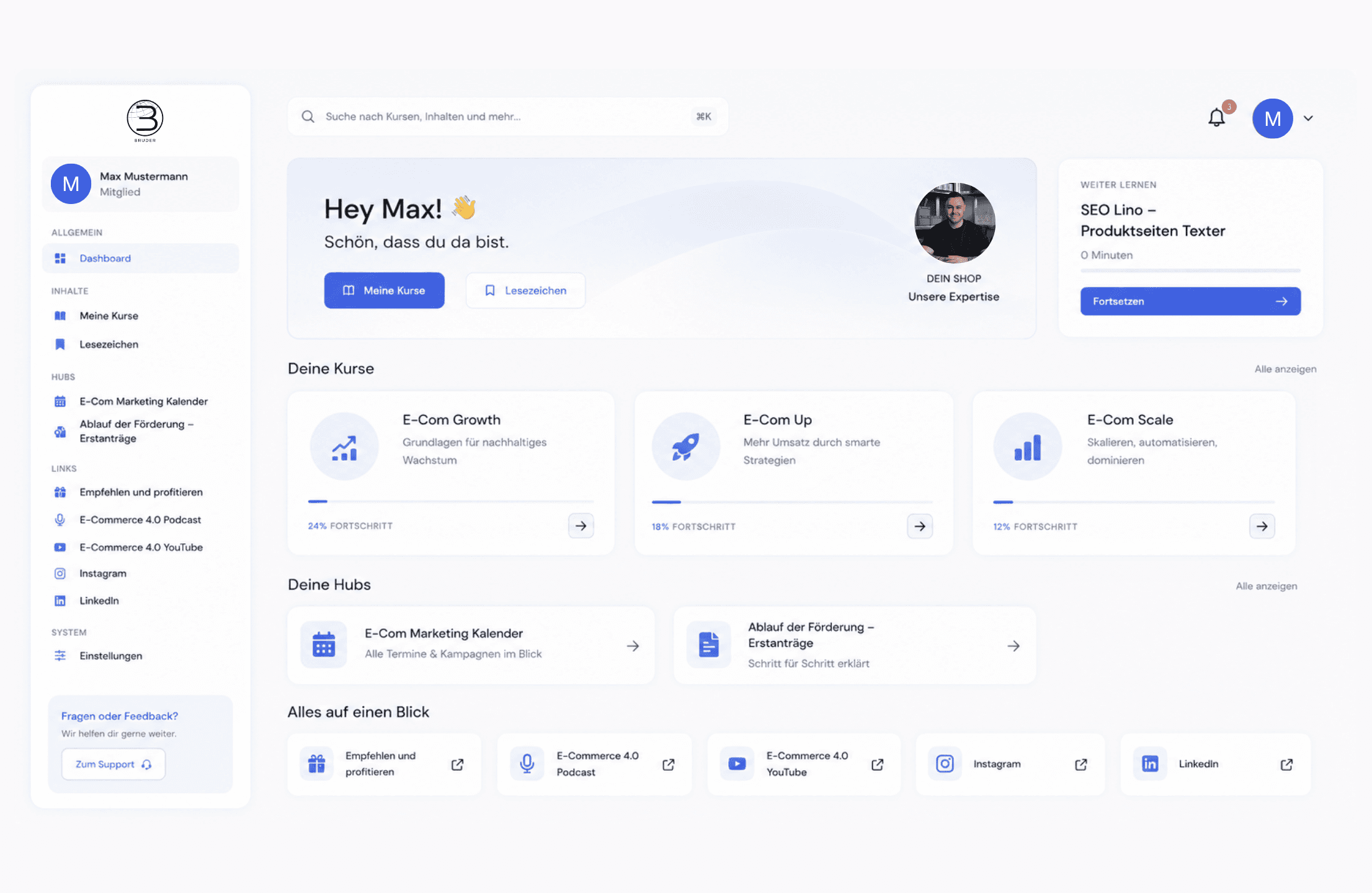 Business dashboard showing revenue, deals, customer list, growth chart, and new activity.