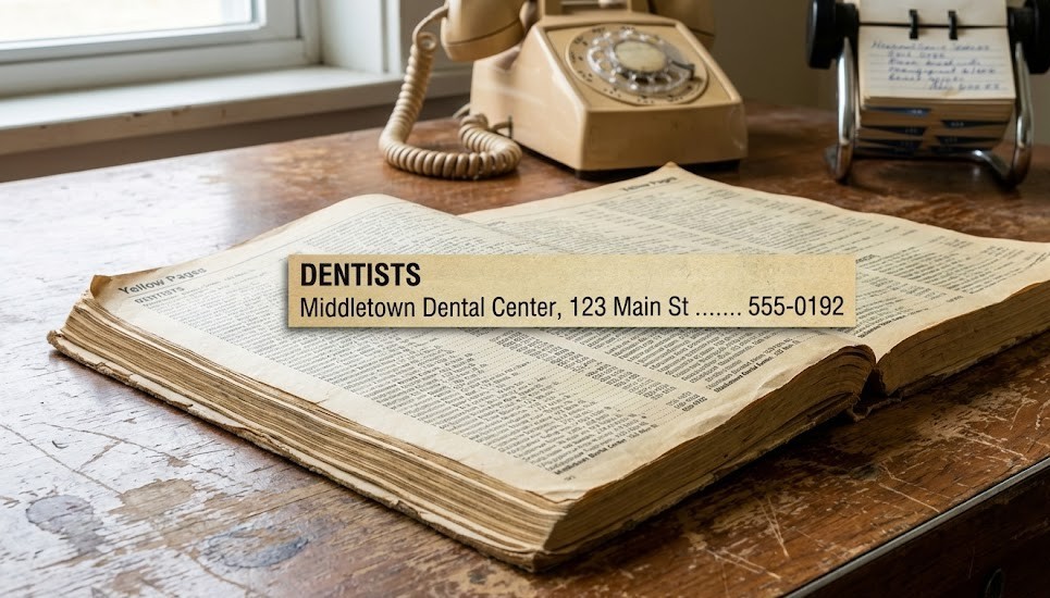 Vintage Yellow Pages phone book listing for Middletown Dental Center, illustrating the client's 'offline-only' marketing presence before their new Framer website launch.