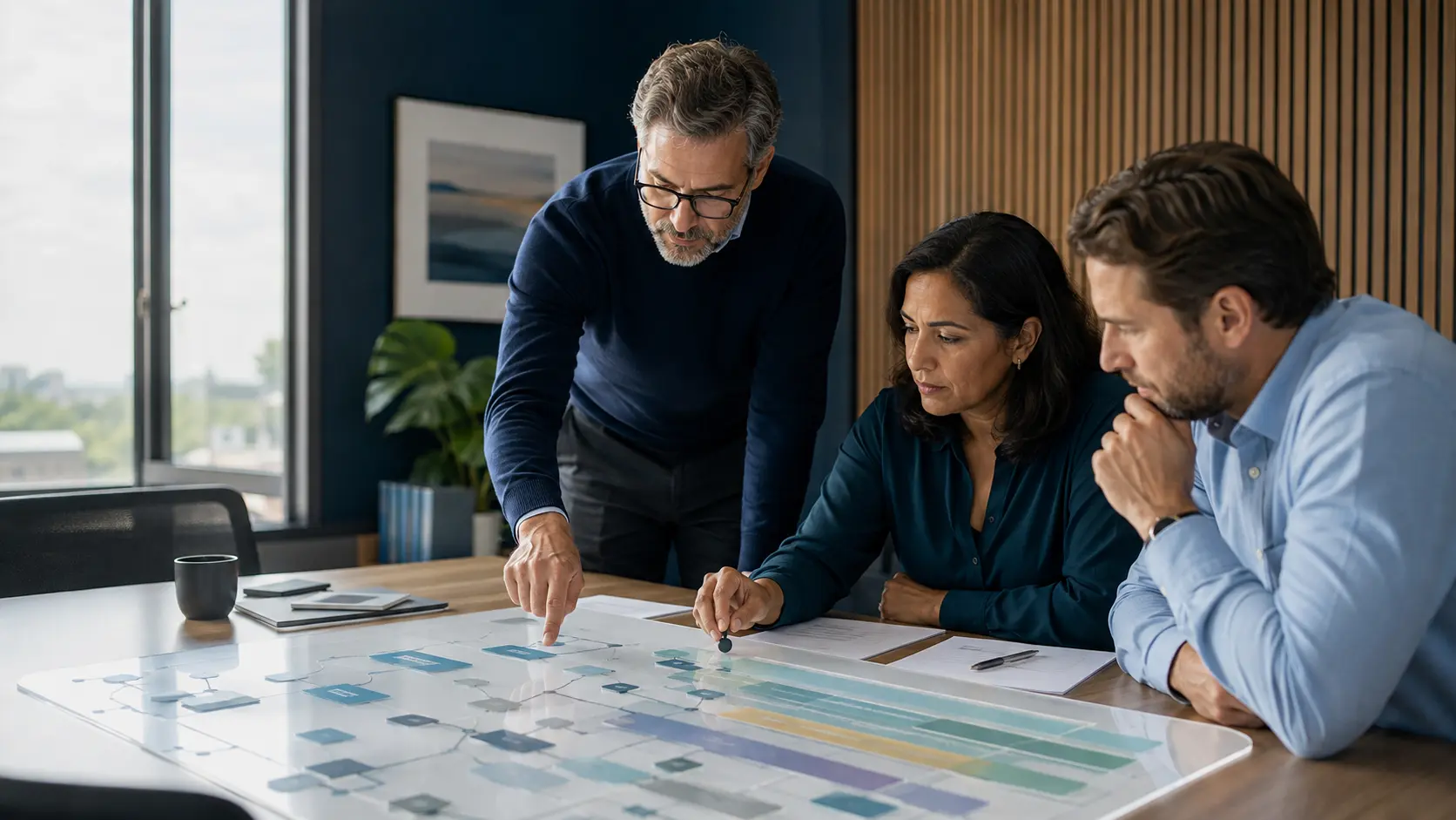 An independent financial modeler and two client decision-makers test assumptions together on an abstract scenario-planning surface.