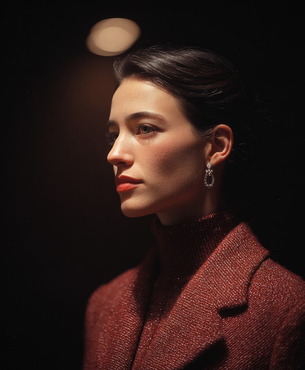 Elegant portrait of a woman with her hair swept back, wearing a red textured blazer and diamond earrings.
