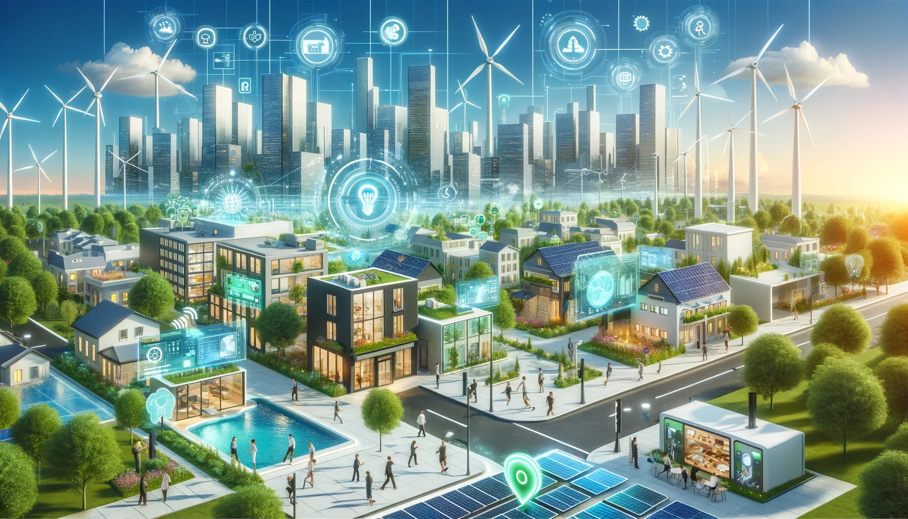 The image depicts a futuristic smart city with a strong emphasis on sustainability, technology, and community living. Key elements of the image include:  Smart Homes and Buildings:  Solar Panels: Many of the residential and commercial buildings have solar panels installed on their roofs, indicating the use of renewable energy sources. Green Architecture: Buildings incorporate green spaces, such as rooftop gardens and vertical greenery, enhancing sustainability and aesthetics. Advanced Technology and Connectivity:  Holographic Displays: Various holographic icons and digital overlays represent different smart technologies, including home automation, energy management, and data analytics. Connected Devices: The presence of interconnected devices and smart infrastructure suggests a highly integrated and responsive urban environment. Renewable Energy:  Wind Turbines: Wind turbines are visible in the background, contributing to the city’s renewable energy portfolio. Solar Energy: Solar panels are prominently featured, providing clean energy to the buildings and contributing to a sustainable power grid. Urban Planning and Design:  Pedestrian-Friendly Streets: The streets are designed for pedestrian use, with wide sidewalks, crosswalks, and people walking or biking, indicating a focus on walkability and reducing vehicular traffic. Community Spaces: The city includes communal areas such as parks, swimming pools, and public squares, fostering a sense of community and outdoor activity. Smart Infrastructure:  Public Transport and Charging Stations: Infrastructure for electric vehicles, including charging stations, is present, promoting the use of eco-friendly transportation. Digital Signage and Smart Grids: Digital signage and smart grid technology are integrated throughout the city, enhancing information dissemination and energy management. Skyscrapers and Business District:  Modern Skyscrapers: In the background, tall skyscrapers represent the business and commercial heart of the city, indicating economic vitality and urban density. Smart Office Buildings: These buildings likely incorporate the same smart technologies and sustainable practices as the residential areas. Technological Innovations:  Augmented Reality and IoT: The use of augmented reality (AR) and Internet of Things (IoT) technologies is suggested by the floating icons and digital interactions between various elements. Energy Efficiency and Security: Icons related to energy efficiency, security, and smart home systems indicate a focus on creating a safe, efficient, and secure living environment. Environmental Integration:  Green Landscaping: The cityscape includes abundant green spaces, trees, and well-maintained landscaping, contributing to an eco-friendly urban environment. Water Features: Bodies of water and water management systems are integrated into the city’s design, promoting sustainability and natural beauty. Overall, the image presents a vision of an advanced, eco-friendly, and technologically integrated urban community where sustainability, connectivity, and quality of life are prioritized.