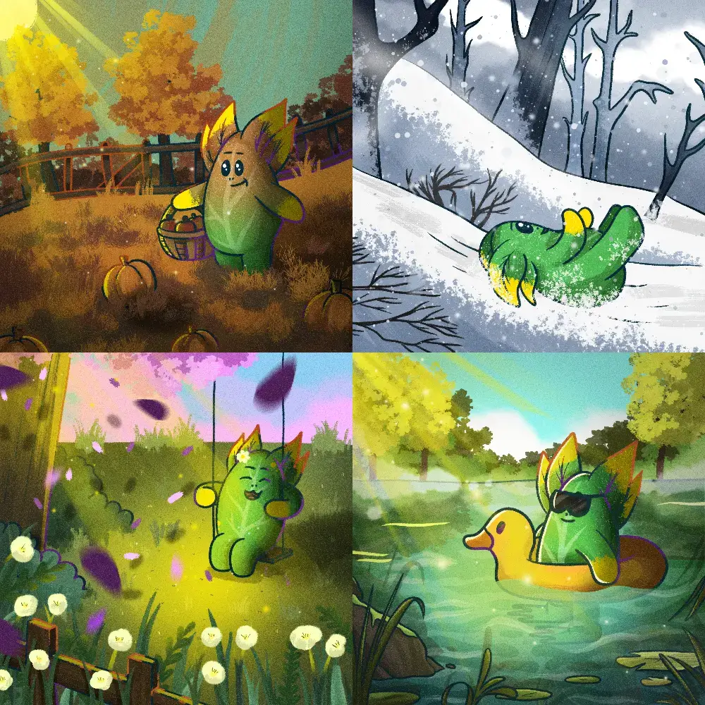 Four seasons illustrated with Weepi character for memecoin project