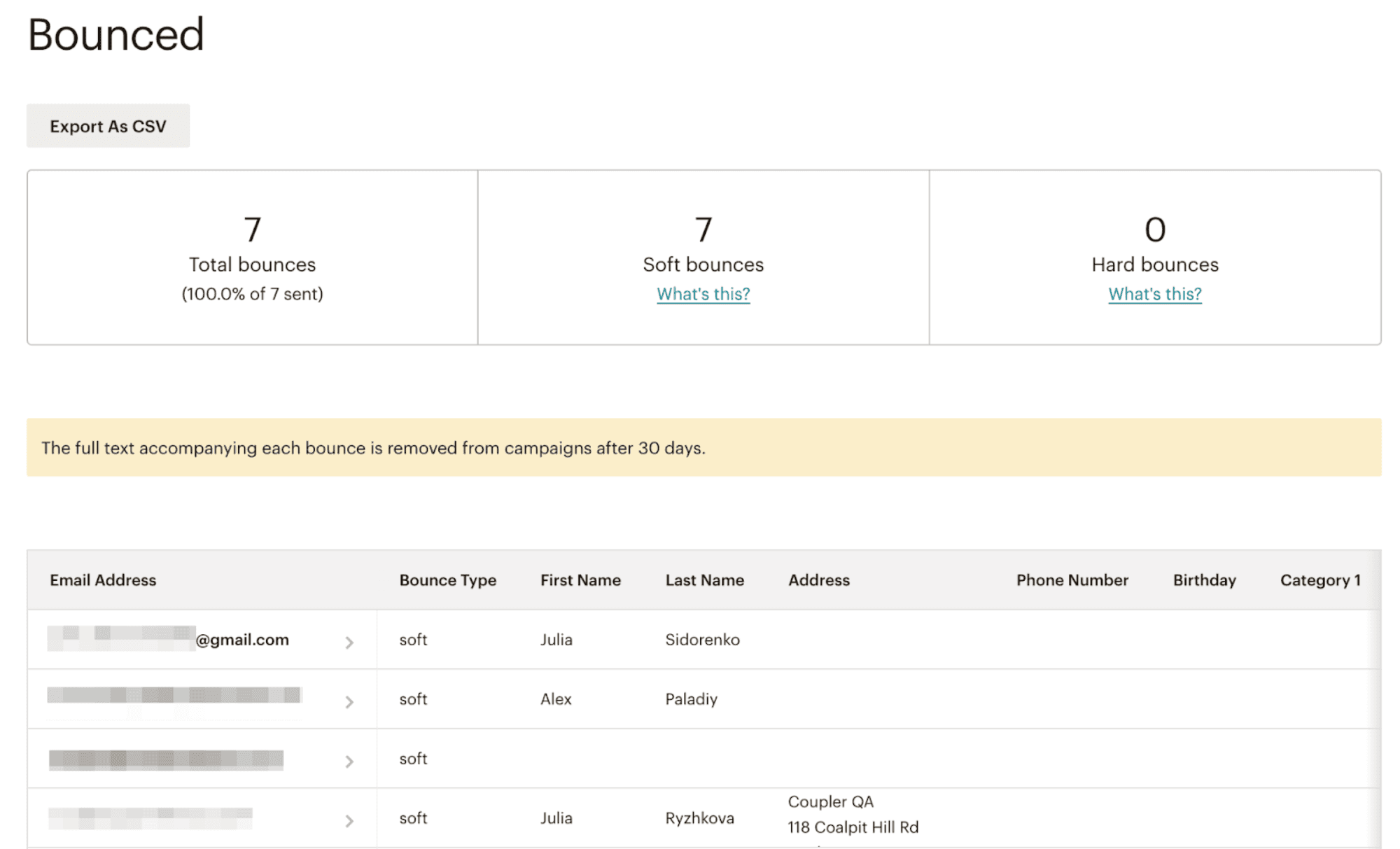 A bounce summary from Mailchimp showing total bounces, including a breakdown of soft and hard bounces, alongside detailed recipient information like email addresses and bounce reasons.