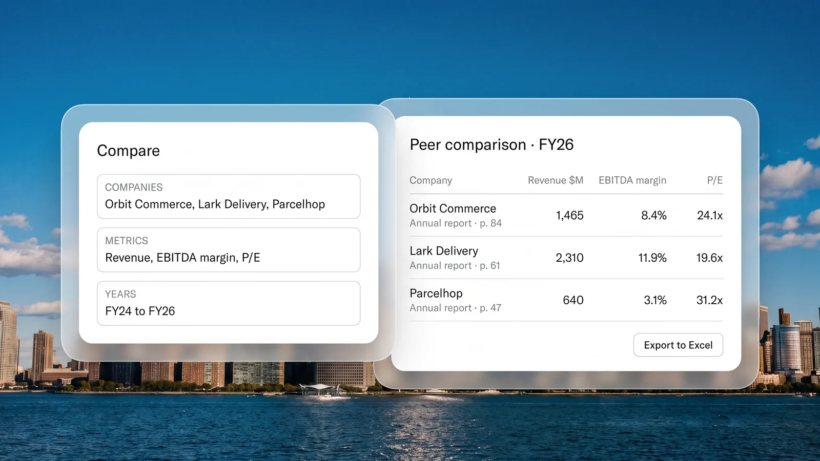 The companies, metrics and years named in one request, and the peer table that comes back with a source on each figure, ready to export to Excel