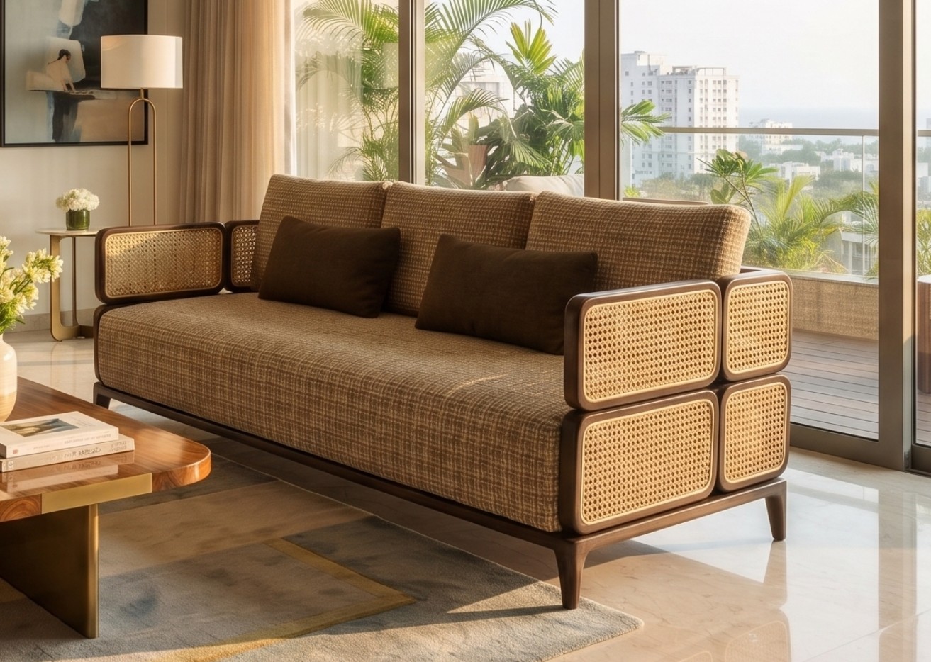 Boxy fabric seating with woven cane side panels and layered cushion arrangement