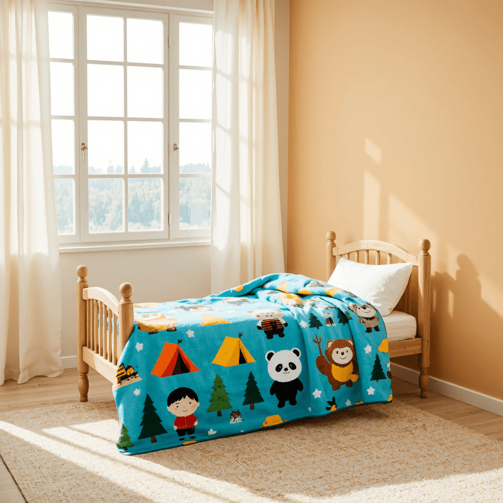 product photography of a camping-themed blanket with cartoon characters