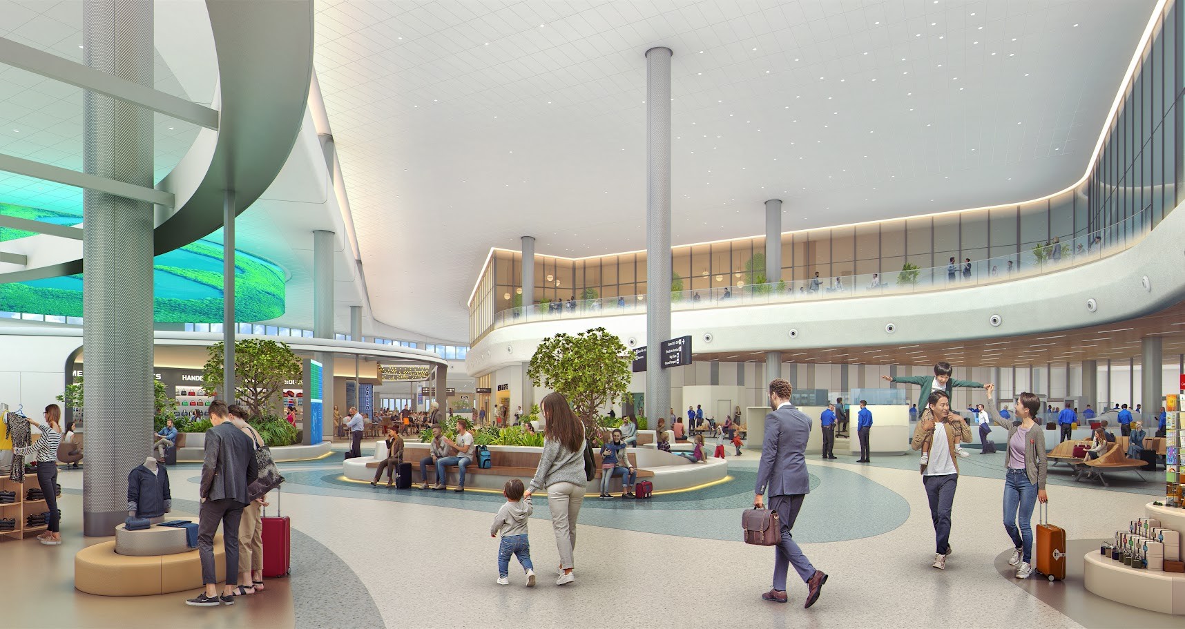 Interior view of Airside D terminal showing seating areas, passengers, and modern retail storefronts