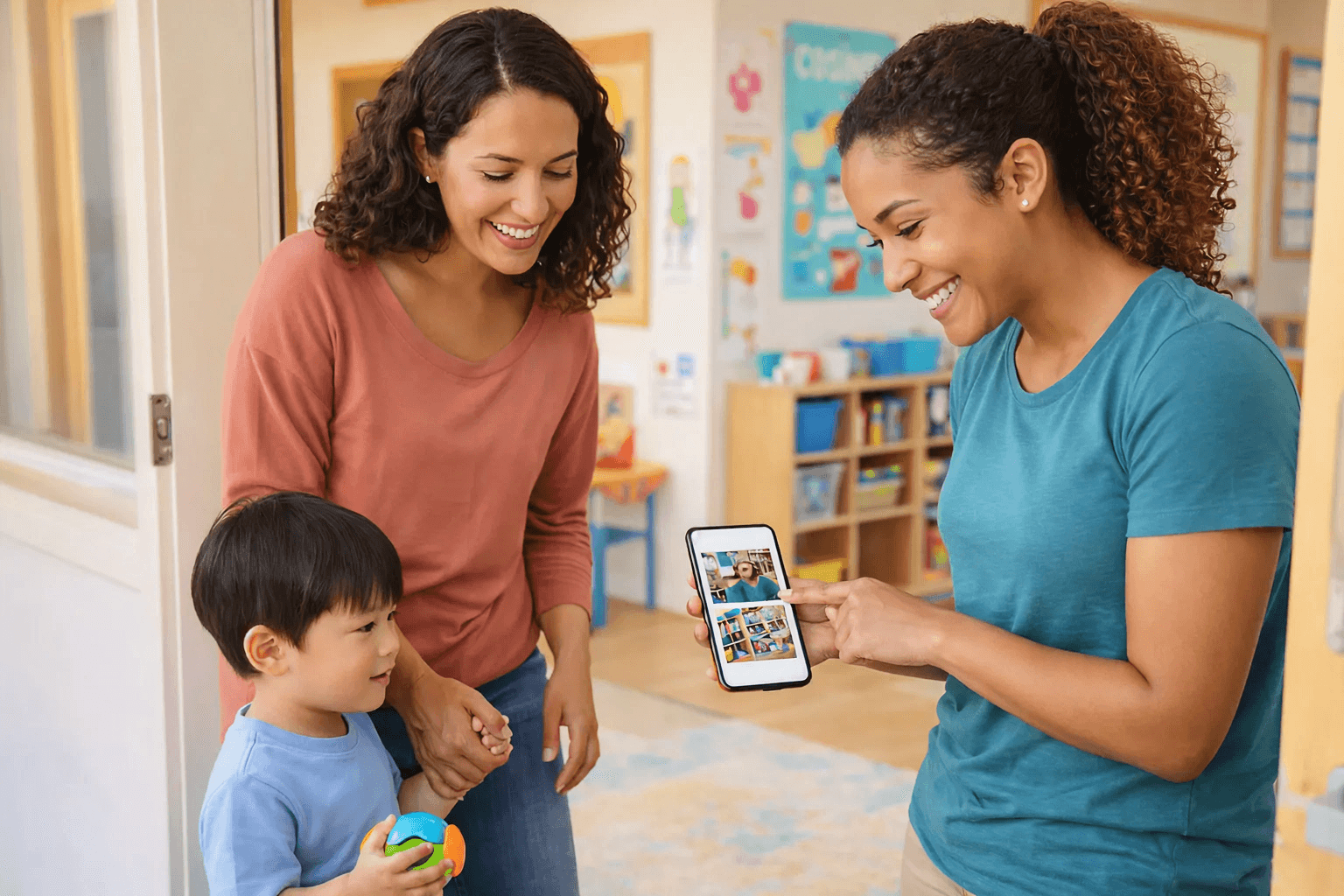 Caring childcare teacher engaging with young children during playtime