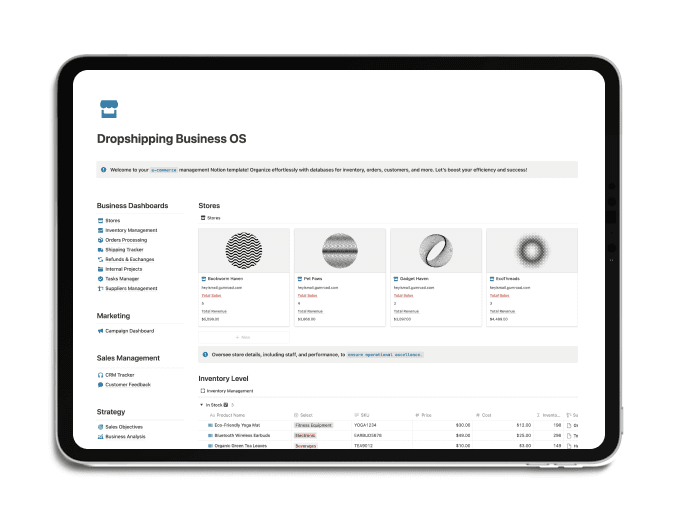 E-commerce Business OS. This all-in-one Notion template is designed to streamline and simplify every aspect of your online store operations. From inventory management to shipping logistics, this system gives you the tools to efficiently handle every step of your business process.