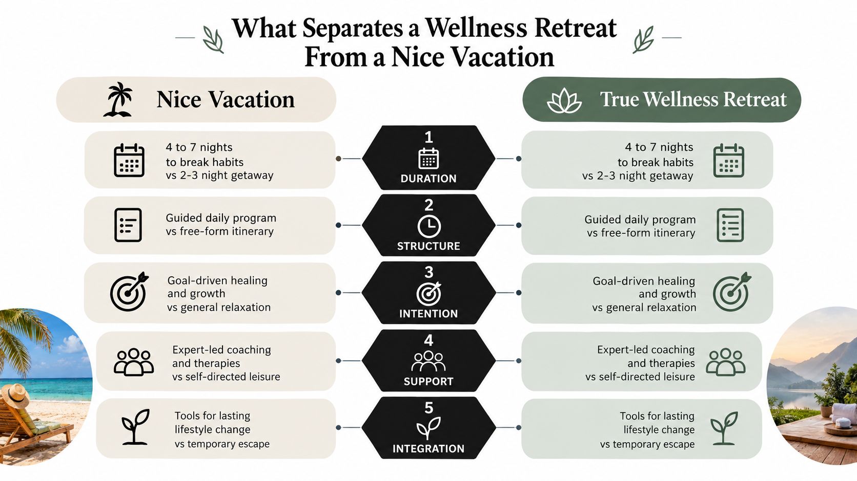 An infographic comparing key differences between a wellness retreat and a regular vacation across five distinct categories.