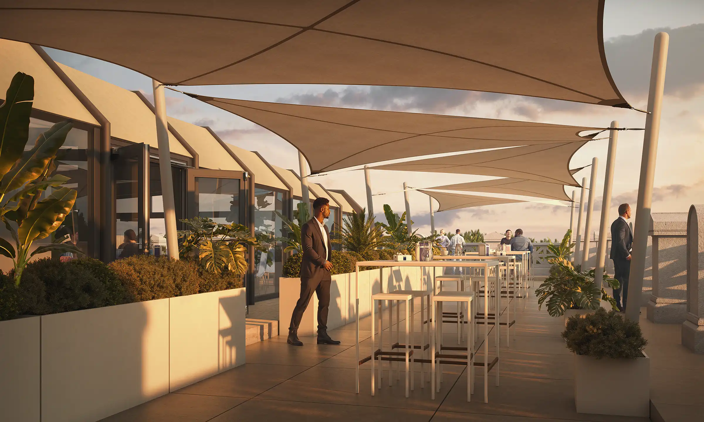 Luxury rooftop terrace with large beige shade sails, high-top tables, and golden hour lighting. Sophisticated outdoor lounge with city view.