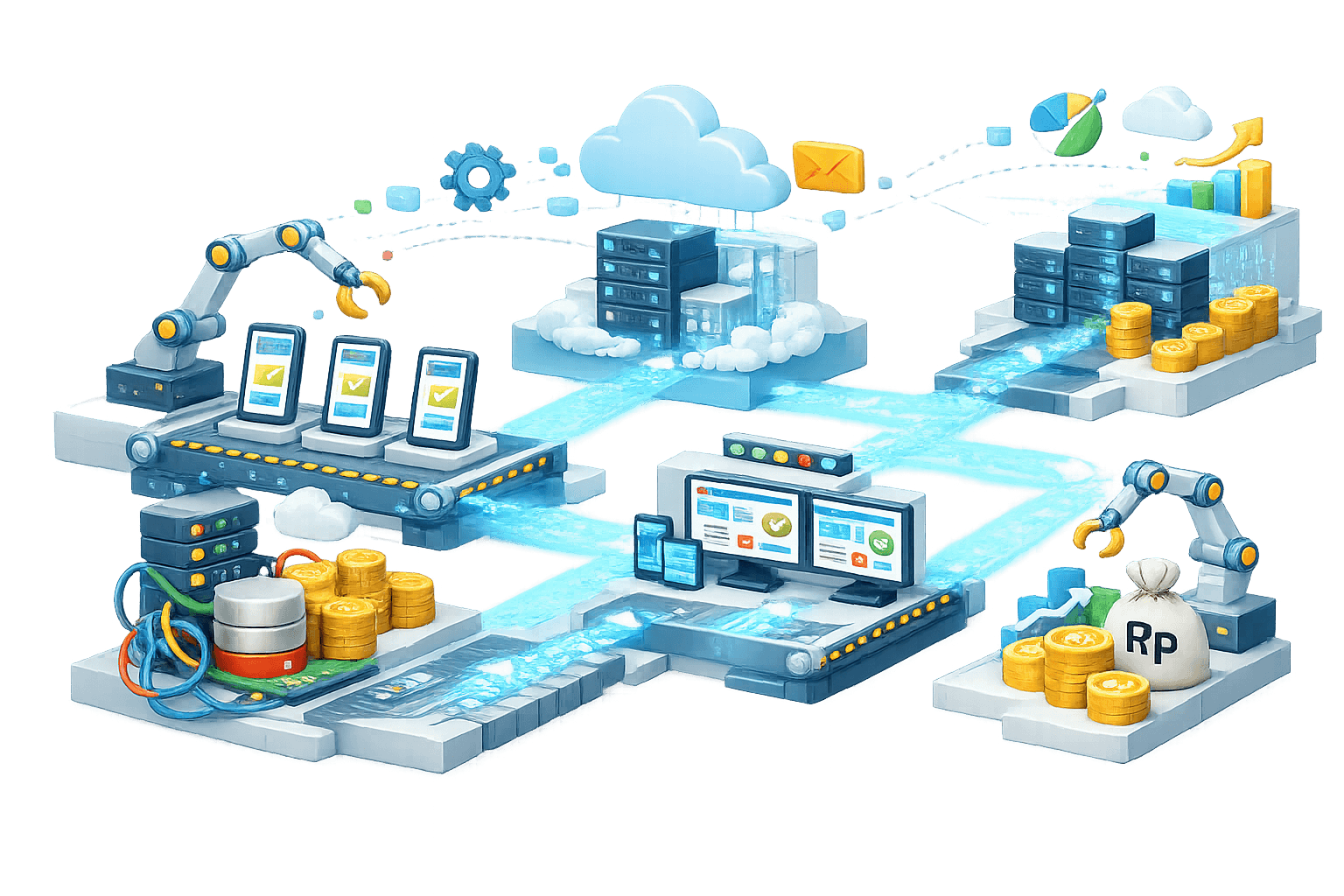 Ilustrasi AI‑driven end‑to‑end data orchestration & financial value flow. Alur berbentuk jaringan menghubungkan beberapa node otomatis: di kiri, conveyor dengan smartphone yang lolos validasi (centang hijau) diawasi lengan robot; di bawah kiri, server legacy dengan kabel dan koin melambangkan sumber data & nilai awal.  Di tengah atas, cloud & data center menandakan pemrosesan terpusat dan integrasi berbasis cloud; di tengah bawah, dashboard multi‑monitor menampilkan status, KPI, dan approval. Di kanan atas, data store dengan grafik naik menunjukkan analitik & pertumbuhan; di kanan bawah, lengan robot mengeksekusi hasil menjadi kantong uang bertanda Rp dan koin (nilai bisnis terealisasi). Panah aliran bercahaya menunjukkan otomasi, sinkronisasi real‑time, validasi, dan konversi data → insight → nilai secara aman dan scalable.