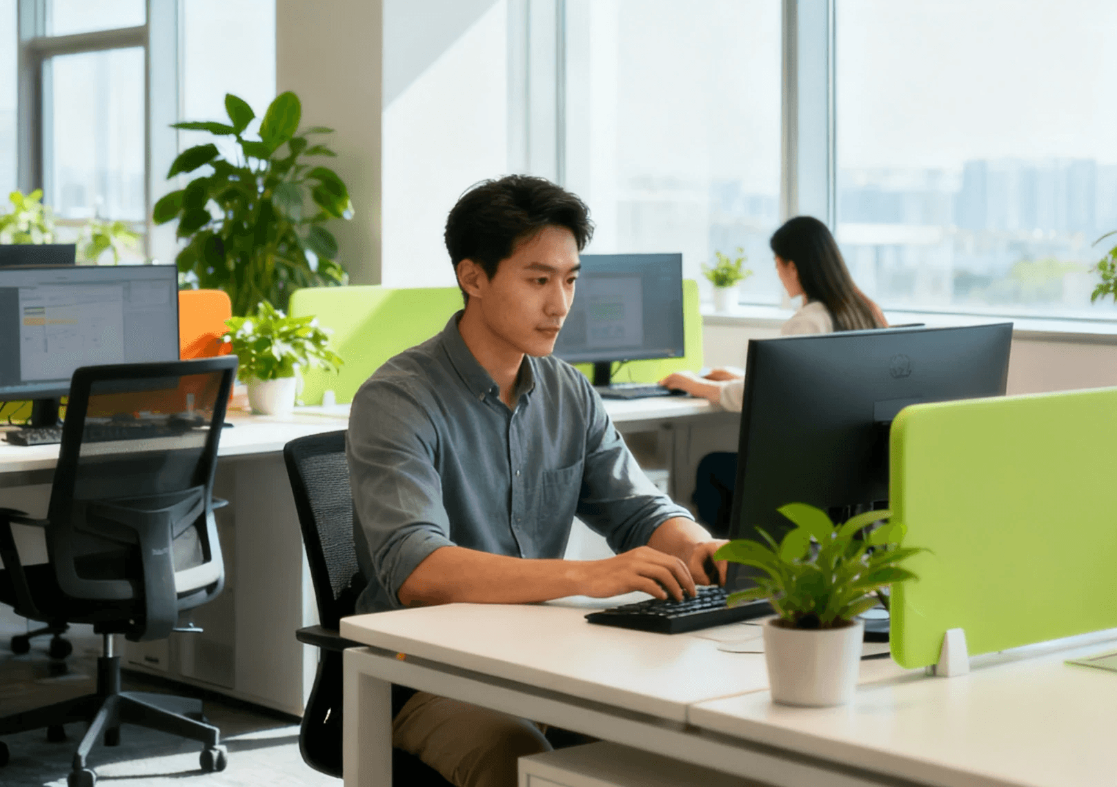 現代化香港辦公室，專業人士在電腦前處理中小企商業保險及企業保障方案。