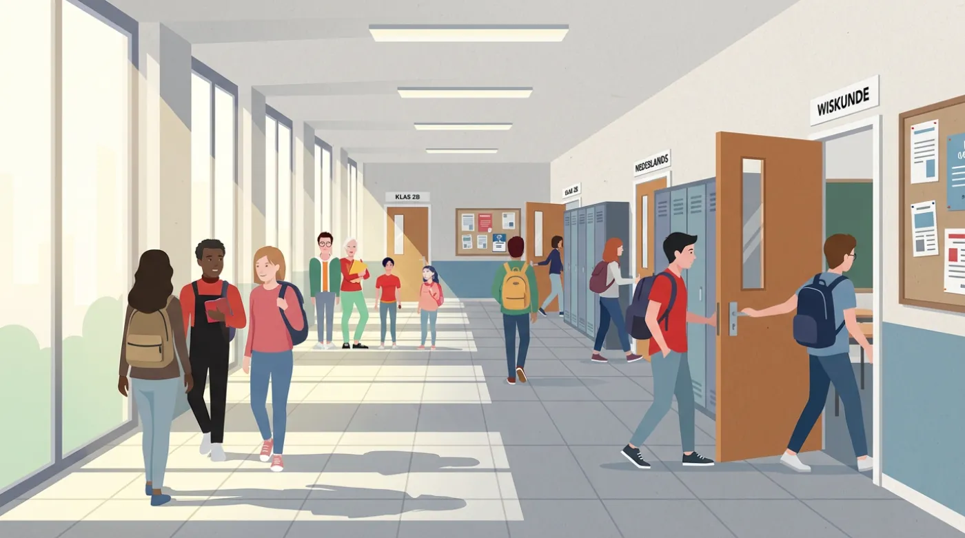 Illustration of a secondary school hallway with students walking to their classrooms.