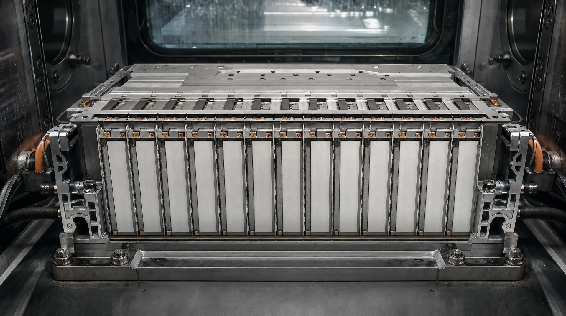 Metal industrial assembly machine with a rectangular module and many connector blocks in a production bay, showcasing semiconductor marketing and manufacturing video marketing.