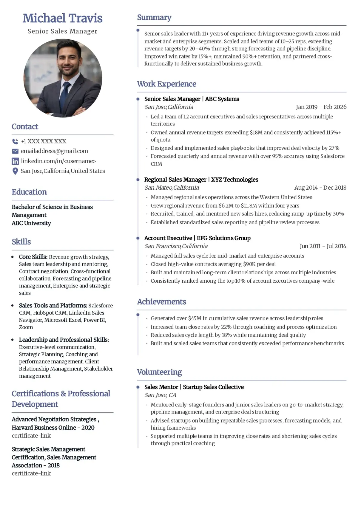 Senior Sales Resume Example