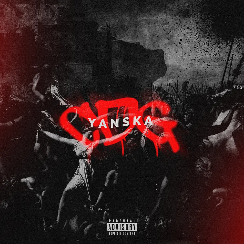 Pochette d’album au style dramatique mêlant peinture classique de scène de bataille et graffiti rouge moderne, avec le nom “YANSKA” au centre et un avertissement “Parental Advisory” en bas.
