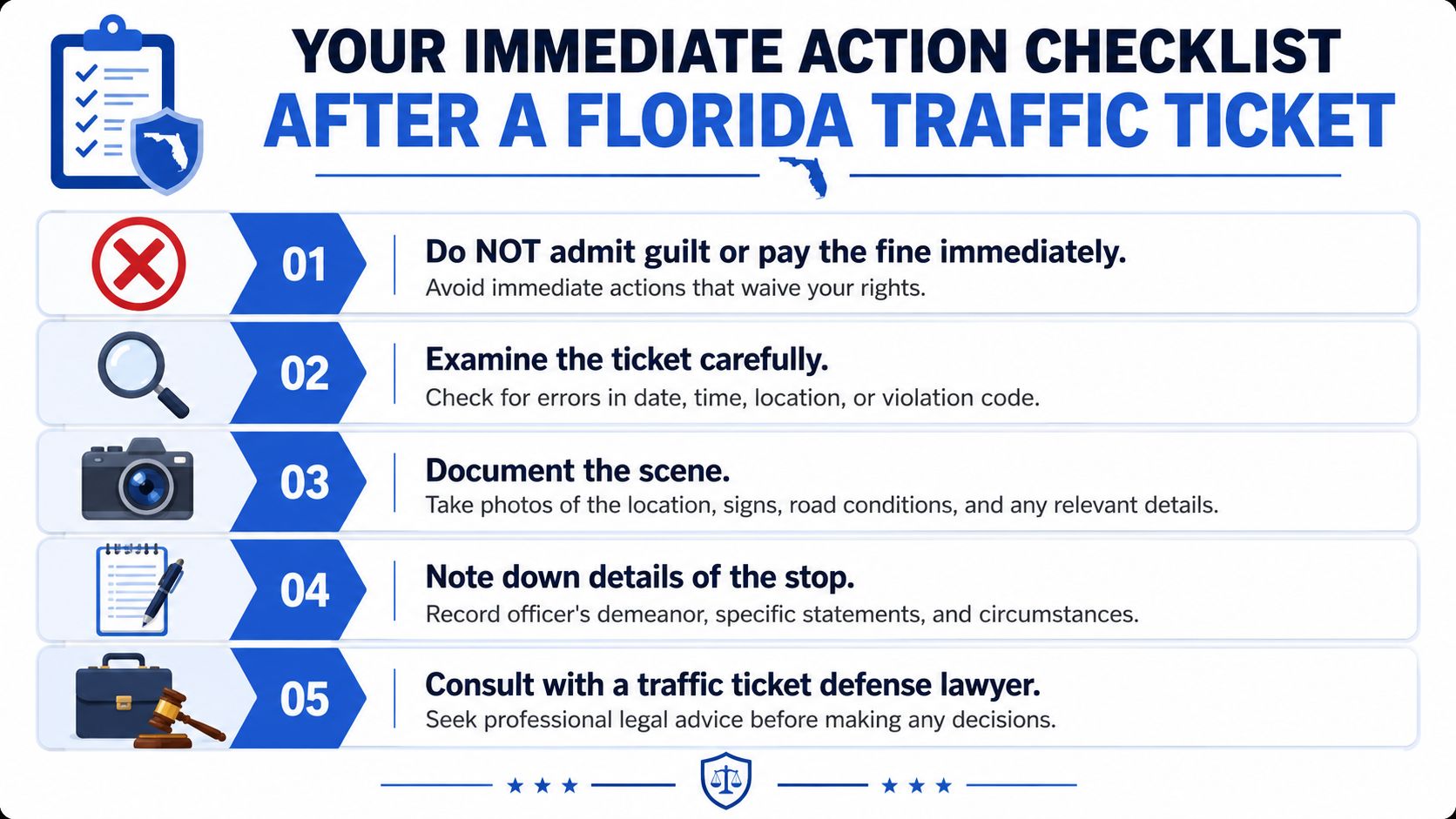 An infographic checklist for Florida drivers on steps to take immediately after receiving a traffic ticket.