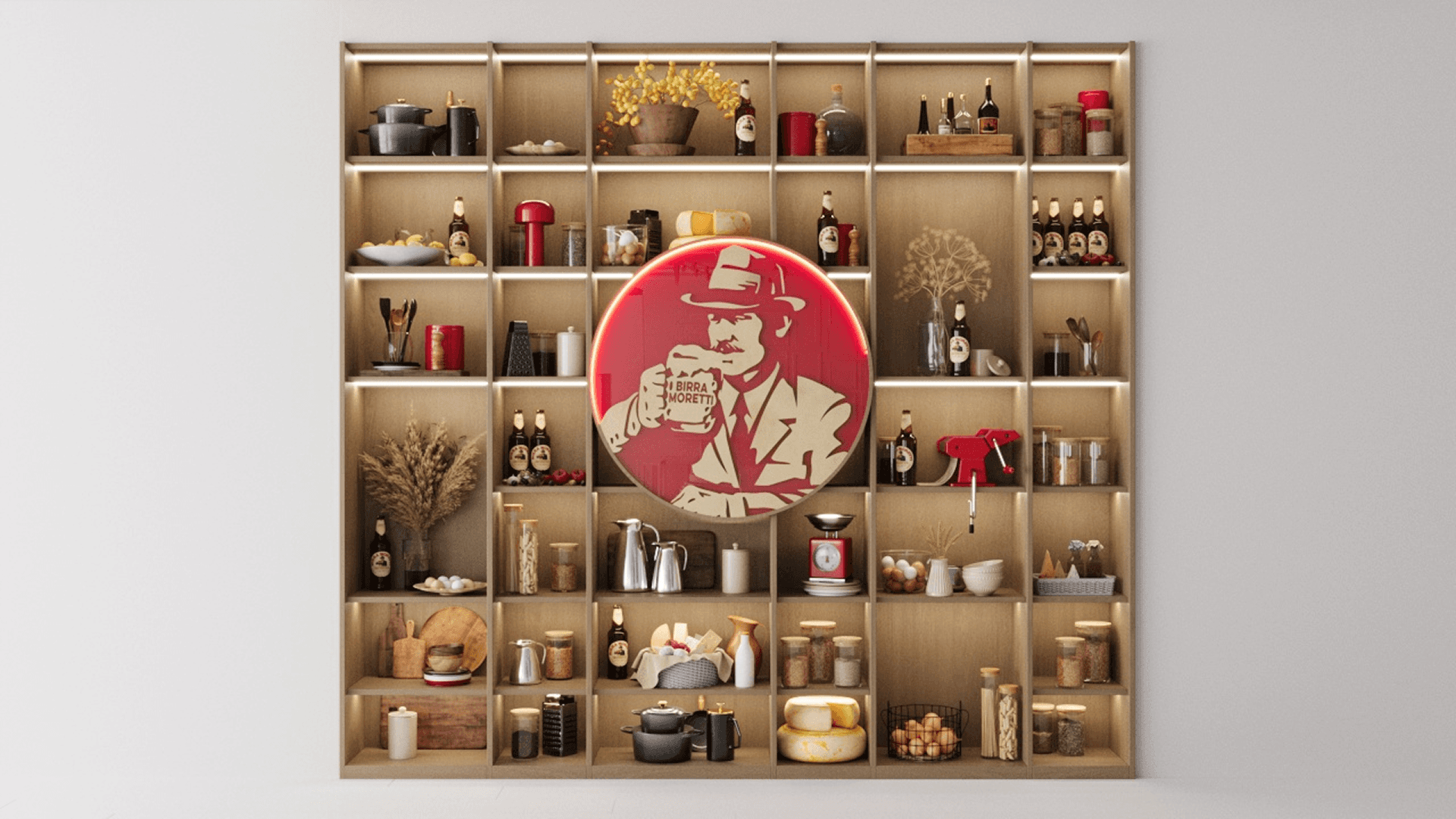 Birra Moretti branded cabinet with built-in lightbox, showcasing products with warm, premium illumination.