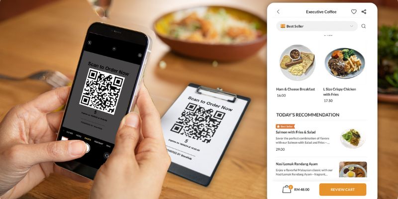 A customer scanning a QR code to order his food