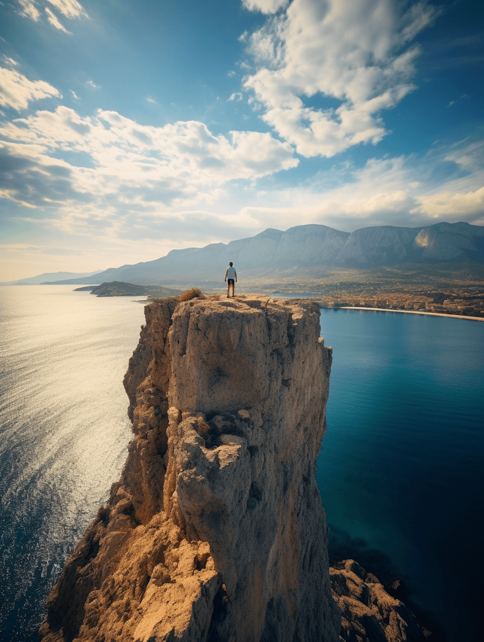 A lone figure standing on top of a sea stack above deep blue water