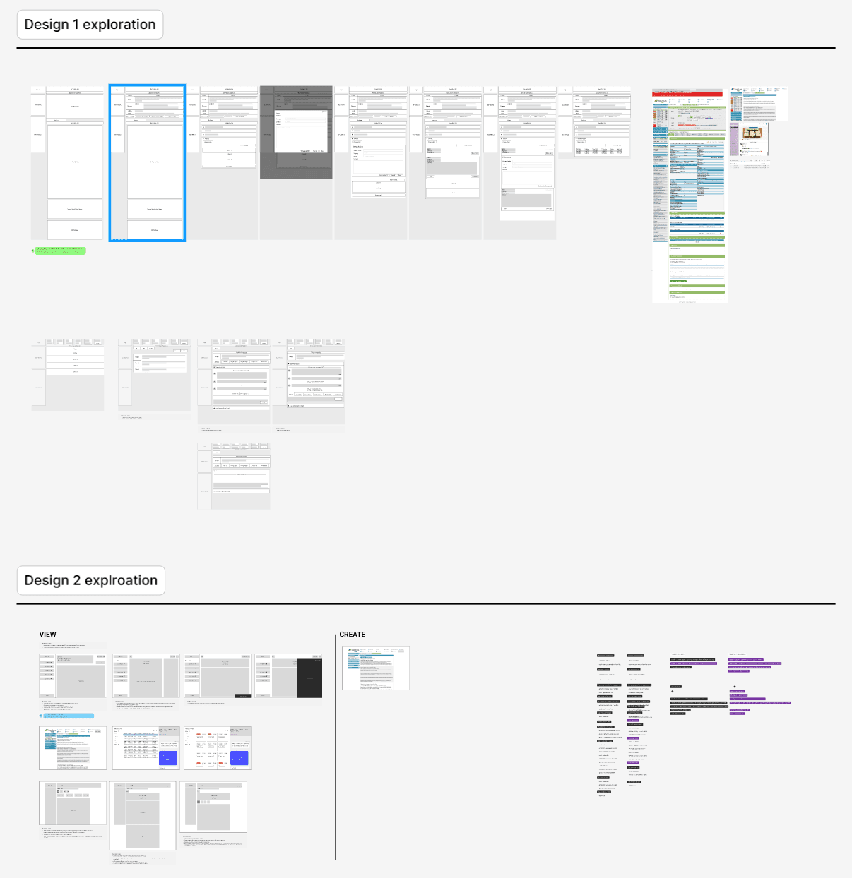 Two rows of design explorations showcasing early low-fidelity prototypes and wireframes for a task management system, focusing on layout and functionality.