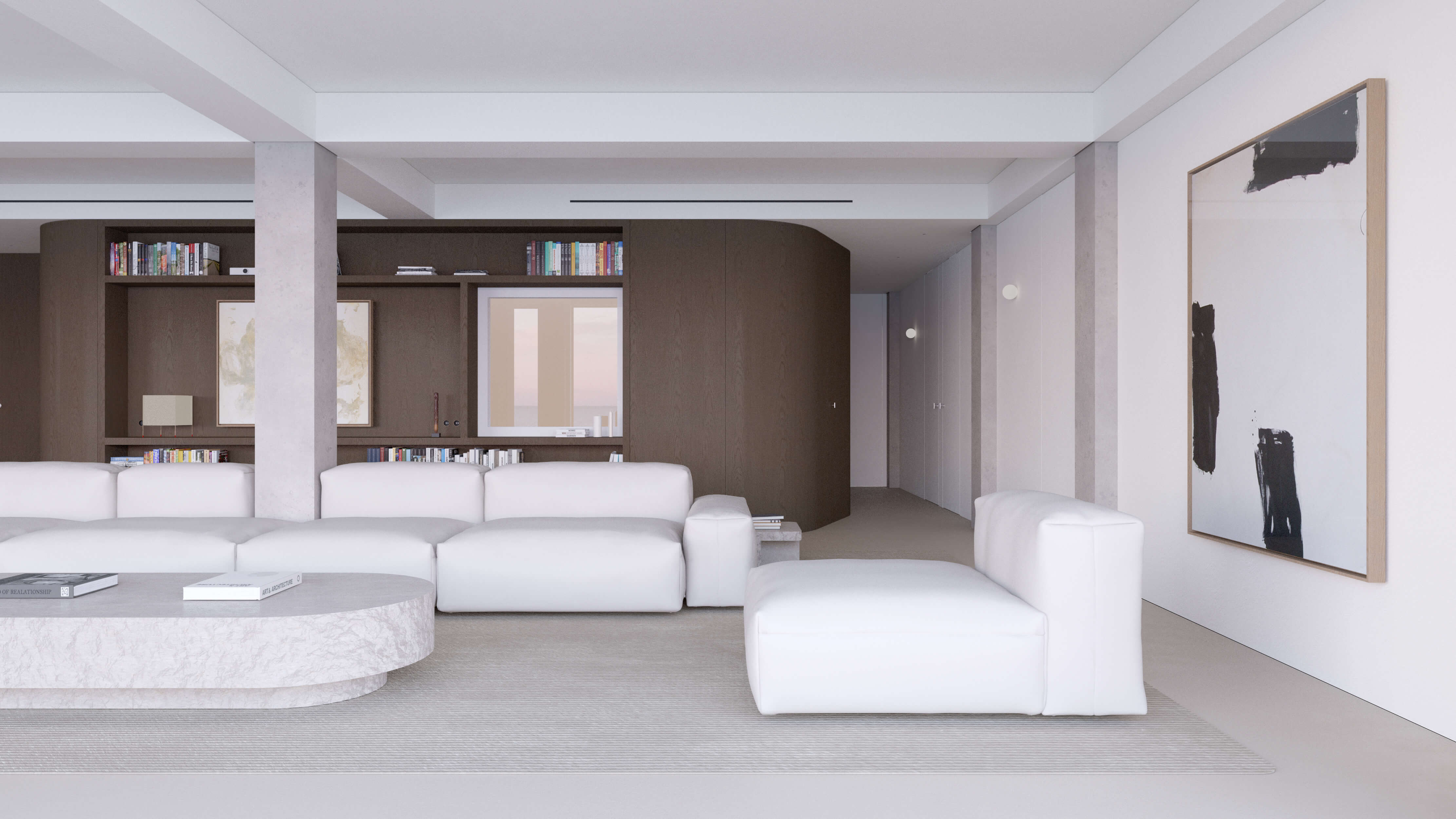 Open-plan minimalist living room with sculptural sofas