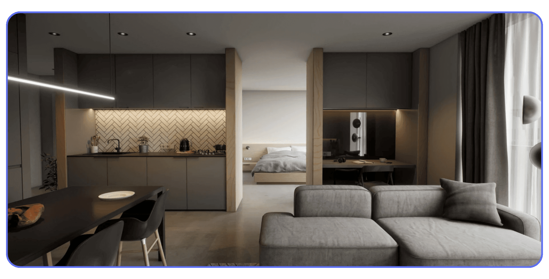 A realistic Blender render of a modern open-plan apartment showing a kitchen, bedroom nook, and gray sectional sofa in soft natural lighting.