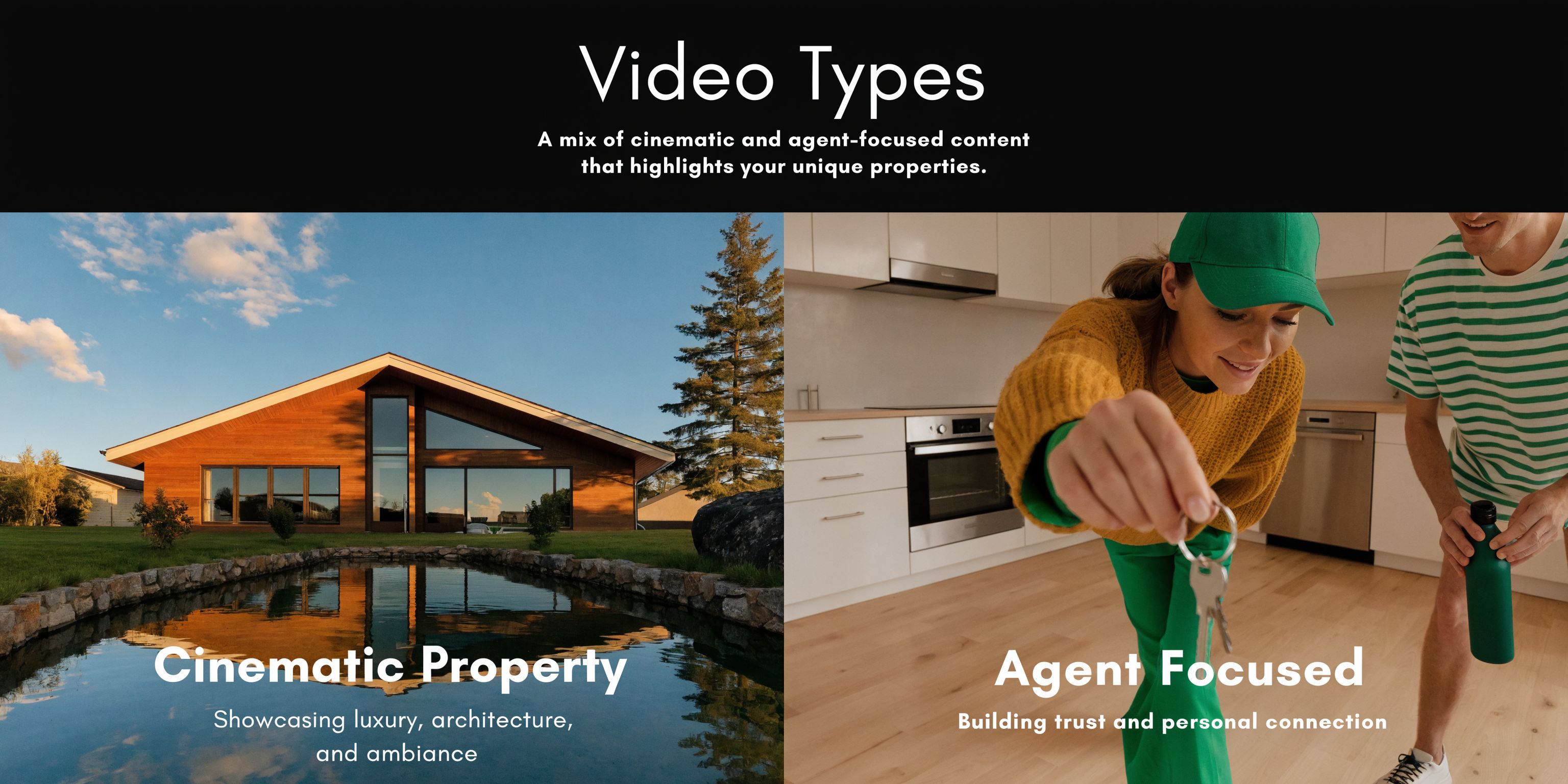 A split image showing a luxury modern home and an agent handing keys to a new homeowner.