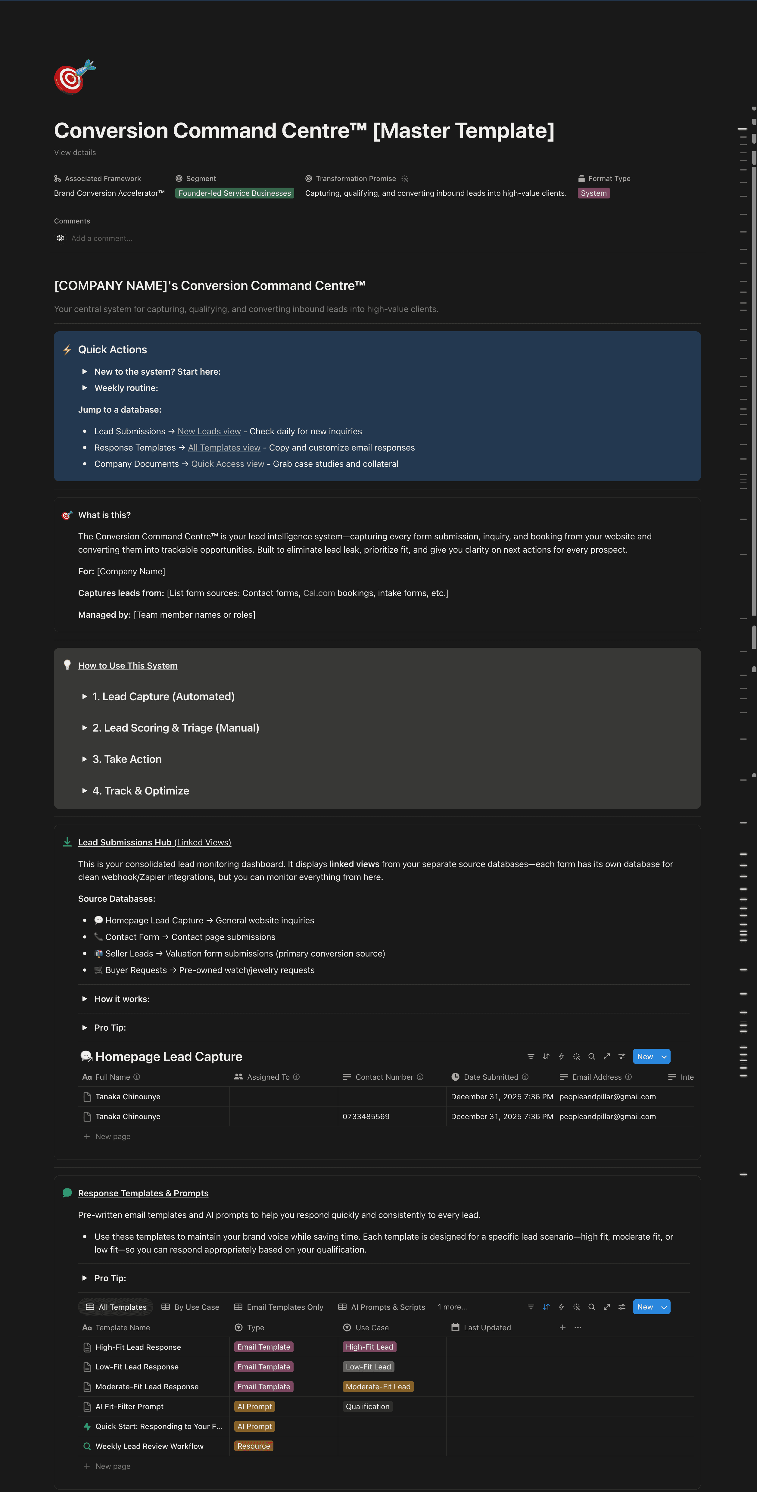 Conversion Command Centre showing lead records, statuses and follow-up actions.