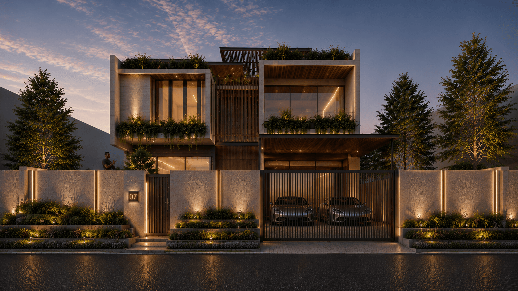 A modern architectural interior featuring sweeping, curved wooden slats on the walls, with a large open space and glass railings on an upper level, highlighting contemporary design and natural textures.