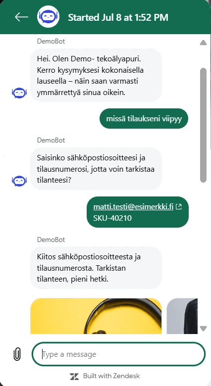 Kuvakaappaus Zendeskin AI-agentin chat-ikkunasta, jossa asiakas kysyy tilauksensa tilannetta ja agentti pyytää sähköpostiosoitteen ennen karusellin näyttämistä.