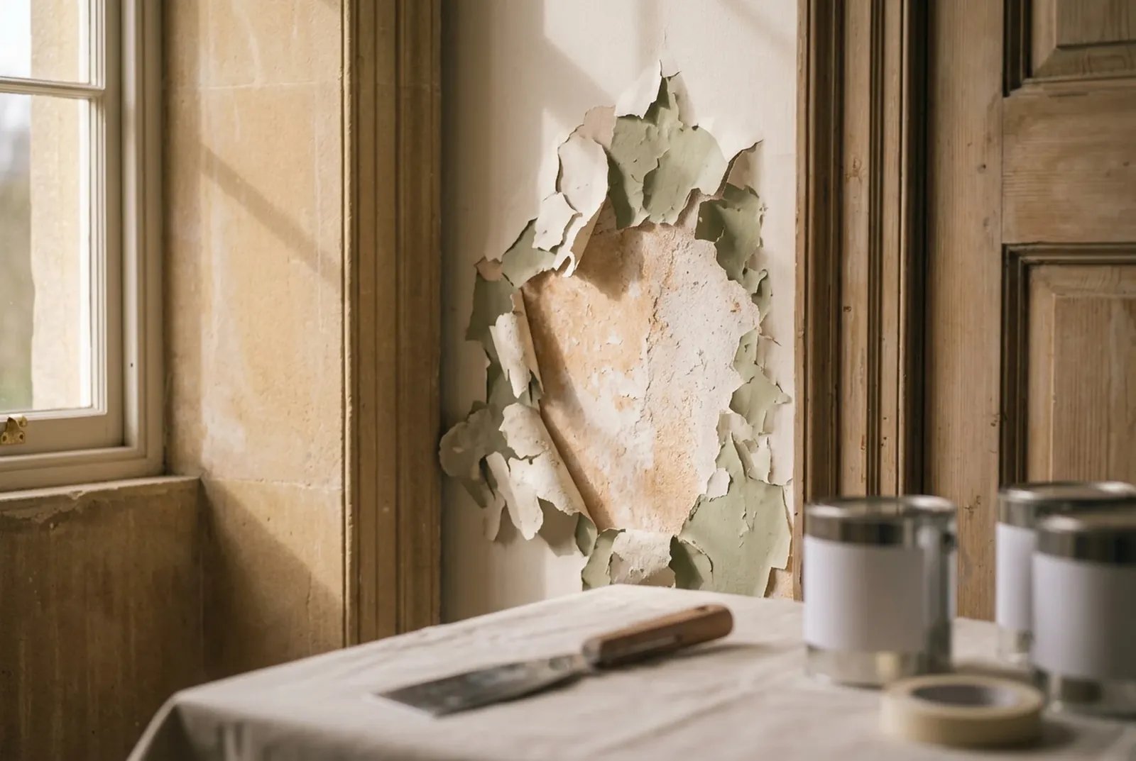 Old paint flaking off a lime plaster wall beside a window