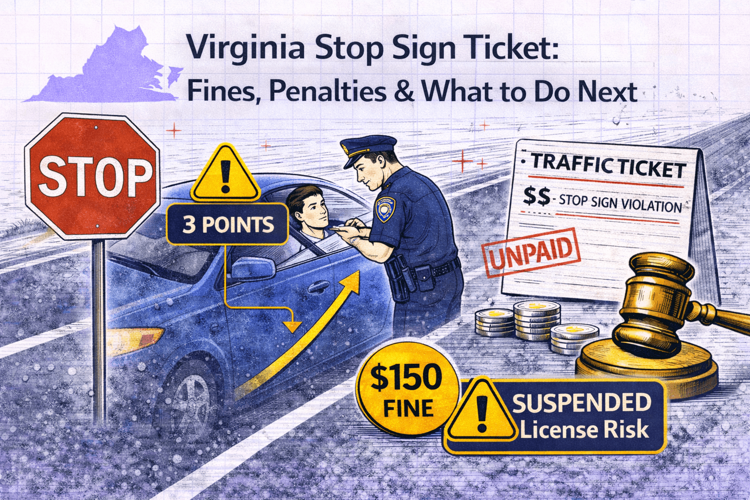 Virginia stop sign ticket infographic showing fines, demerit points, and penalties