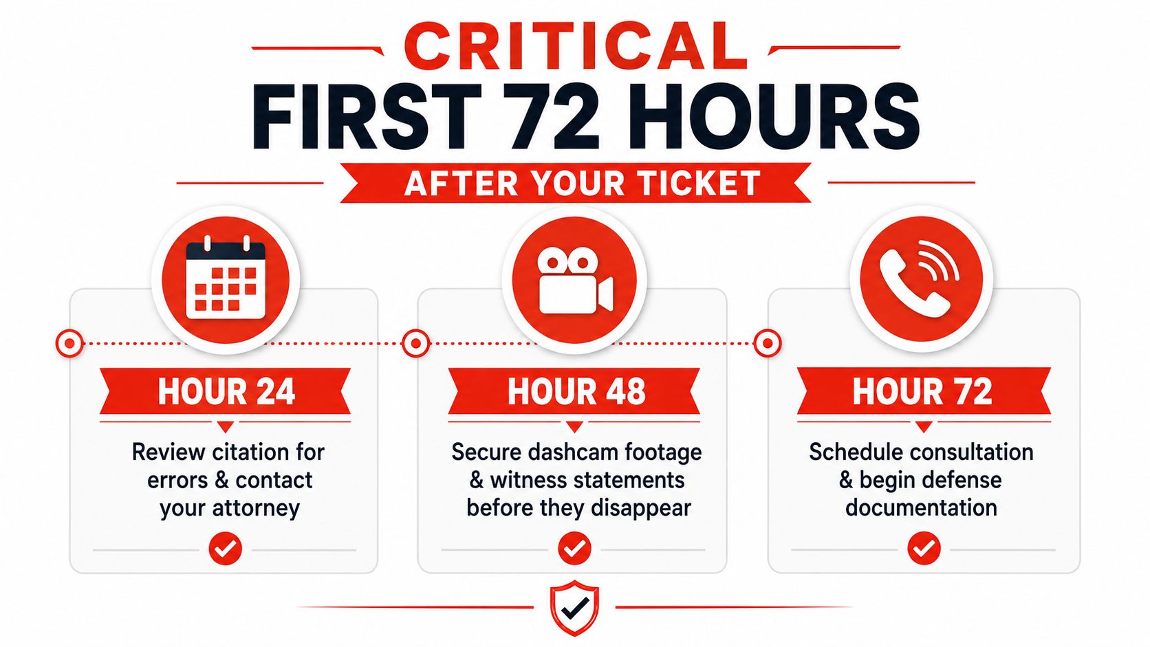 A three-step guide infographic showing critical actions to take within 72 hours of receiving a traffic ticket.